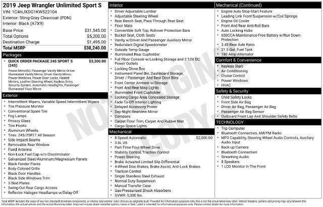 2019 Jeep Wrangler Unlimited Sport S